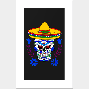 Blue Floral Cinco De Mayo Sugar Skull Posters and Art